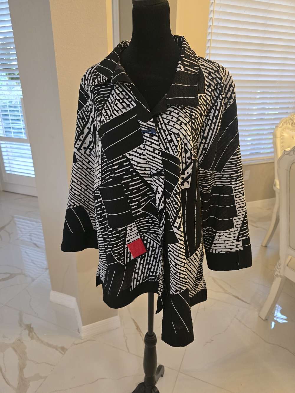 Ali Miles Black and White Abstract Knit Cardigan with Red Accent Patch